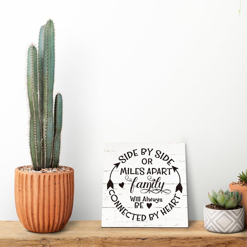 SUSZDOU Family Sign, “Side by Side or Miles Apart, Family Will Always Be Connected by Heart”, Wooden Plaque Table Art Sign 6.2x6.2 Inch, Farmhouse Room Decor, Long Distance Gift for Loved Ones D - Image 5
